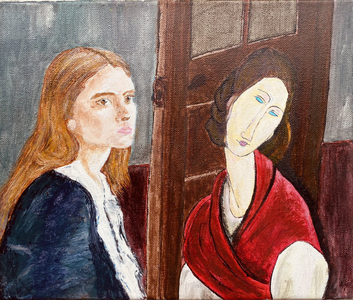 Nieuw schilderij gemaakt: een pastiche of confrontatie van twee stijlen, Modigliani en hedendaagse portretkunst. Acryl op doek (25x30 cm).