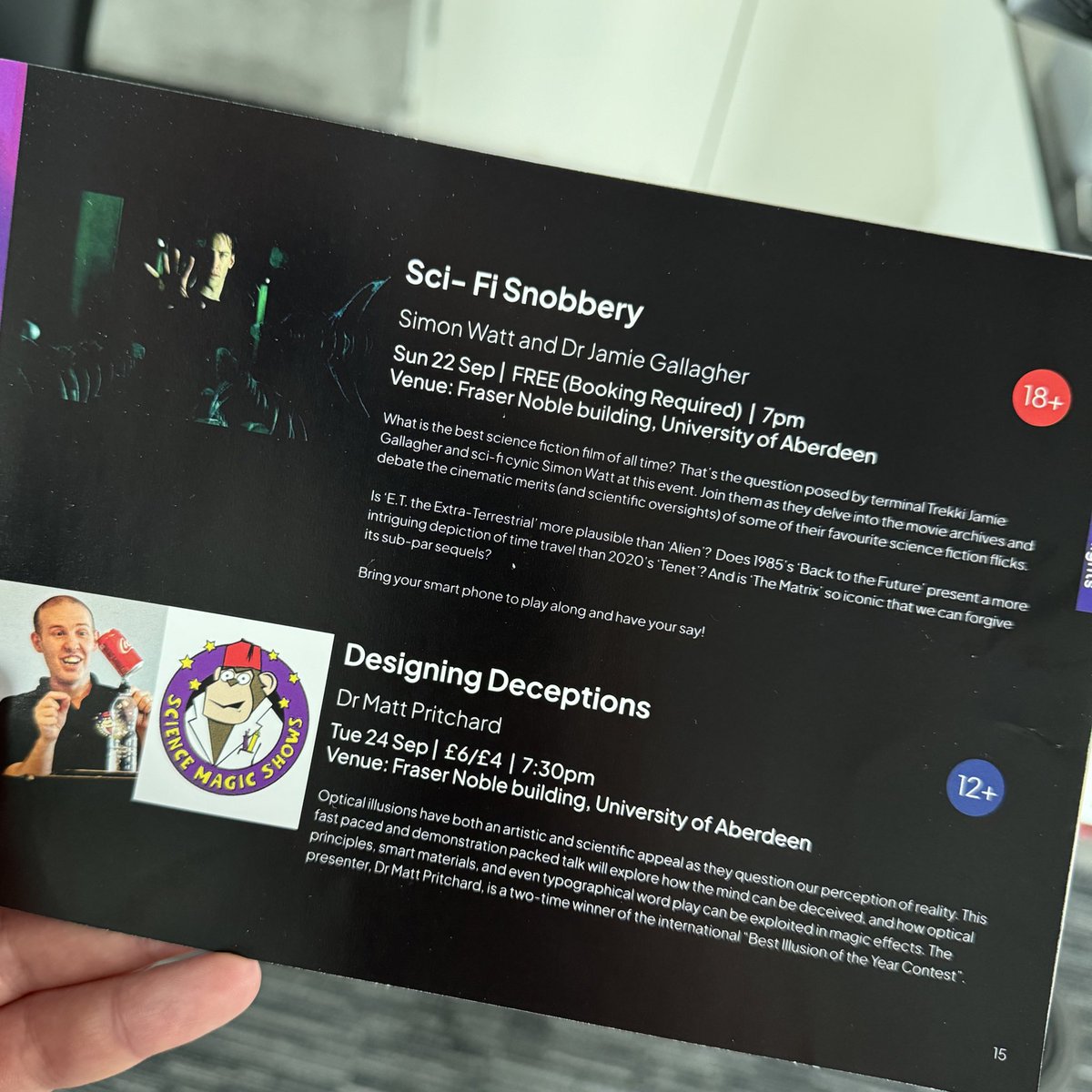 Hiya Aberdeen! 
Do you have a favourite SciFi film? <a href="/SimonDWatt/">Simon Watt</a> does, unfortunately he is wrong so I’m dragging him round the country to show him he’s wrong. Come along and help us battle it out.
📅 22nd Sep
📍<a href="/aberdeenuni/">University of Aberdeen</a> 
🎟️ aberdeenperformingarts.com/whats-on/aberd…