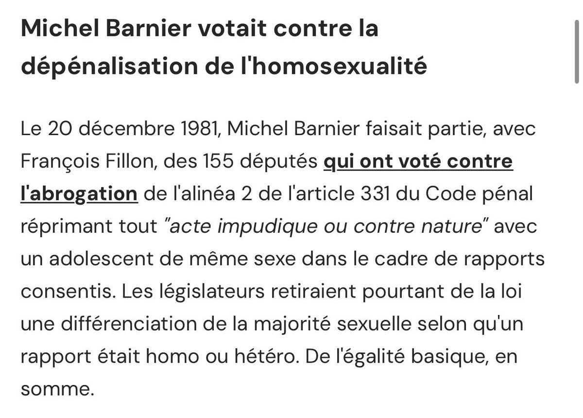 Après la cérémonie des JO présentant une France progressiste et pro-LGBT, Macron nomme Michel Barnier 1er ministre, un fossile réac qui a voté contre la dépénalisation de l'homosexualité en 1981. Un Premier Ministre à l'image de Macron, lui aussi paillasson de l'extrême-droite