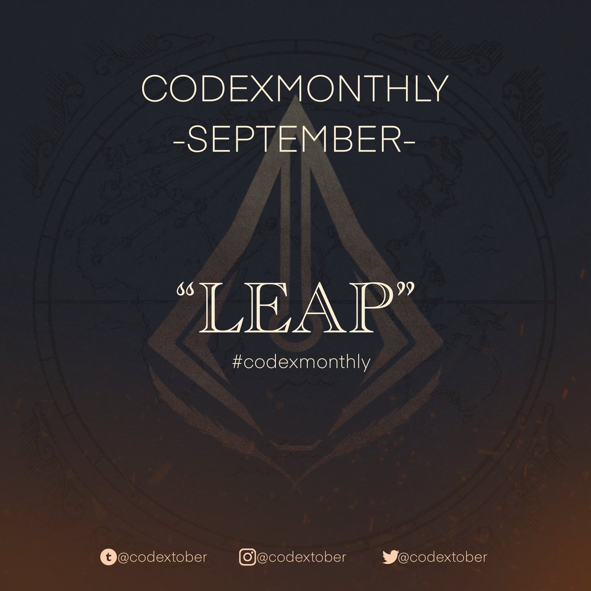codextober's tweet photo. CODEXMONTHLY - SEPTEMBER

LEAP 

Tag us and use #codexmonthly 

our last codexmonthly prompt before the big event in October!!

#assassinscreed #codexcreative https://t.co/1kuAd1hzaG