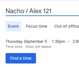ifthenalex's tweet photo. I see people send meeting invites, and they put the recipient name first. Google does this by default. 

Perhaps it seems more polite; "Who am I to put my name first?"  

But this makes things harder for the recipient, is that polite? 

Here's why (very short thread): https://t.co/w88IlR49ZS