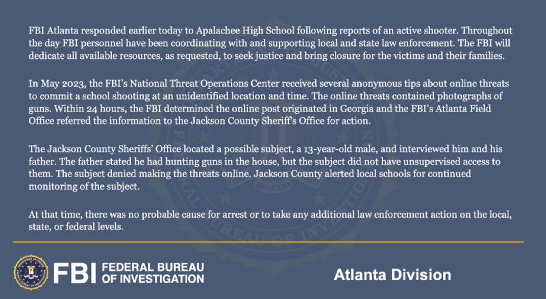 SumitHansd's tweet photo. Four killed at Apalachee High School in Georgia in mass shooting with AR-15 style rifle, 14-year-old suspect arrested.

The Sh**ter named Colt Gray has been on the FBI radar since 2023 https://t.co/B0haEBl35S