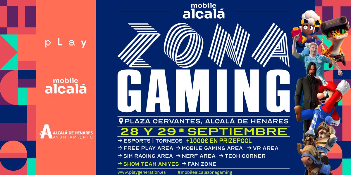 ¡Un año más vuelve la #ZonaGaming 🎮 a <a href="/Mobile_Alcala/">Mobile Alcalá</a>!
⠀
🏆 Esports | Torneos +1000€ Prizepool
🎤 Show Team ANIYES (<a href="/AnikiloGamer/">Anikilo</a> &amp; <a href="/MyYes_/">Yes</a> )
🎮 Free Play Area
📱 Mobile Gaming Area
🥽 VR Area
🏎️ SIM Racing Area
🔫 Nerf Area
🤖 Tech Corner
🫂 Fan Zone
⠀
📅 28 y 29 Septiembre