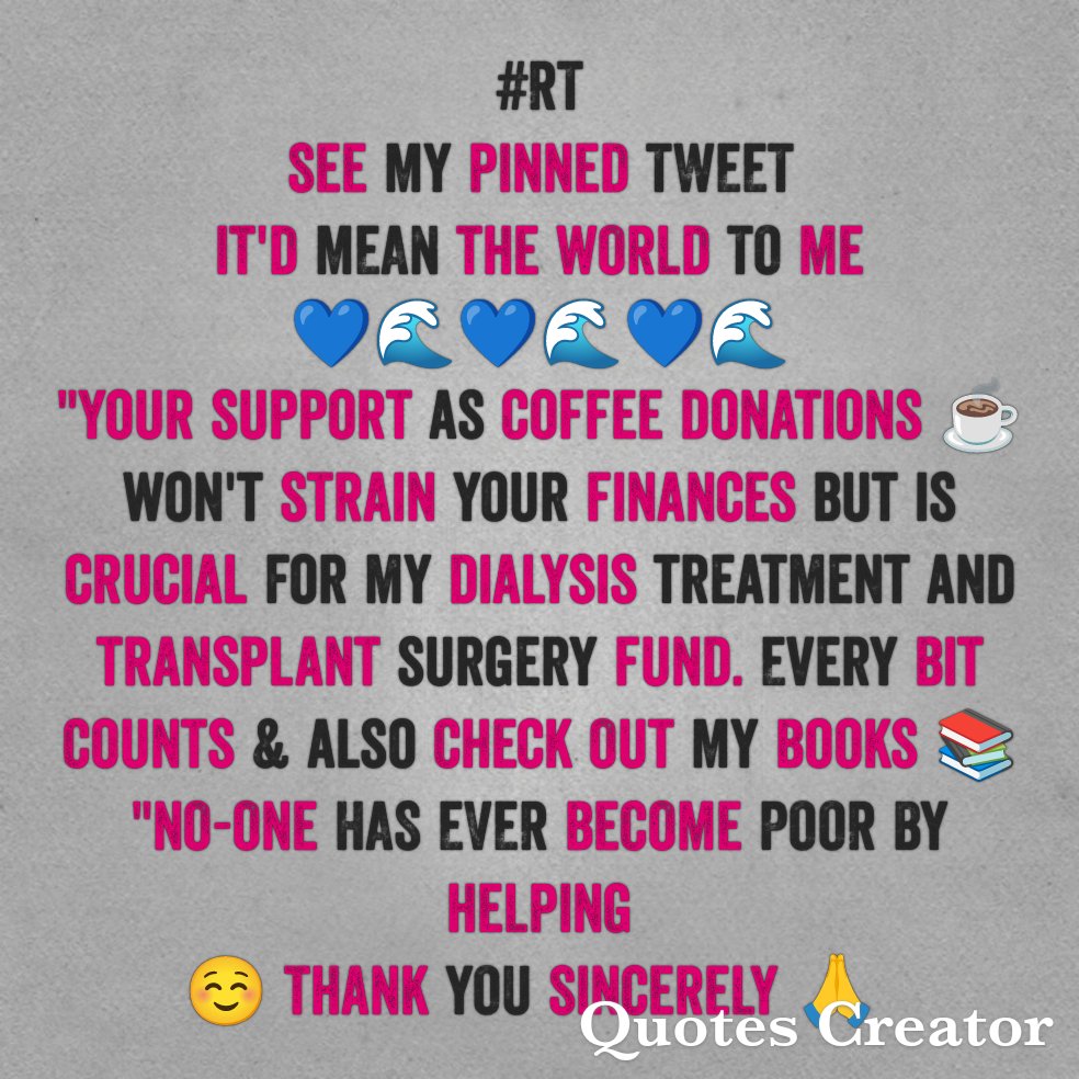 Hyacinth (@oldhyacinth) on Twitter photo I'm an author managing dialysis, waiting for a transplant. Your purchase of my books or a coffee would go towards my hospital bills. Your support is deeply appreciated!
<a href="/GordonMcma32524/">GordonMcmakin</a>
<a href="/El_Gato_de_NC/">El Gato de NC 💙 🇺🇦 🇺🇲 😻 🐕</a>
<a href="/samosvijet/">Marijan</a>
<a href="/1ChicagoHopeful/">🏥Healthcare & Human Rights Advocate🟧🇺🇦</a>
<a href="/LifeIndiscreet/">LifeIndiscreet</a>
<a href="/OneCheer/">Robin D'Amato🌳🌊</a>
@AnnFull81561897 I'm an author managing dialysis, waiting for a transplant. Your purchase of my books or a coffee would go towards my hospital bills. Your support is deeply appreciated!
<a href="/GordonMcma32524/">GordonMcmakin</a>
<a href="/El_Gato_de_NC/">El Gato de NC 💙 🇺🇦 🇺🇲 😻 🐕</a>
<a href="/samosvijet/">Marijan</a>
<a href="/1ChicagoHopeful/">🏥Healthcare & Human Rights Advocate🟧🇺🇦</a>
<a href="/LifeIndiscreet/">LifeIndiscreet</a>
<a href="/OneCheer/">Robin D'Amato🌳🌊</a>
@AnnFull81561897