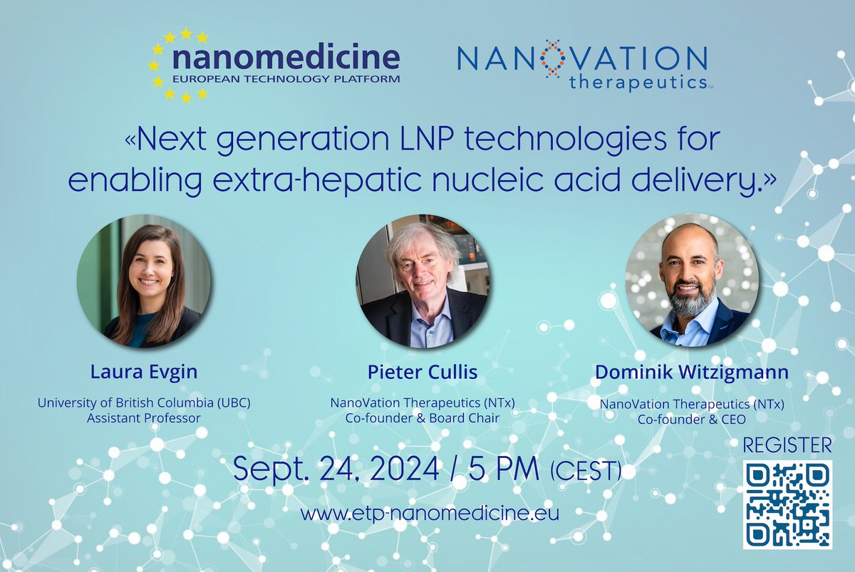 🚀 Join us on Sept 24th for our next webinar: "Next Generation #LNP Technologies for Enabling Extra-hepatic Nucleic Acid Delivery," hosted by ETPN &amp; @NanoVation_Tx! Learn from top experts in #Nanomedicine &amp; #GeneTherapy. Interactive Q&amp;A. Register now 👉 events.zoom.us/ev/AqqRJKuEiyr…