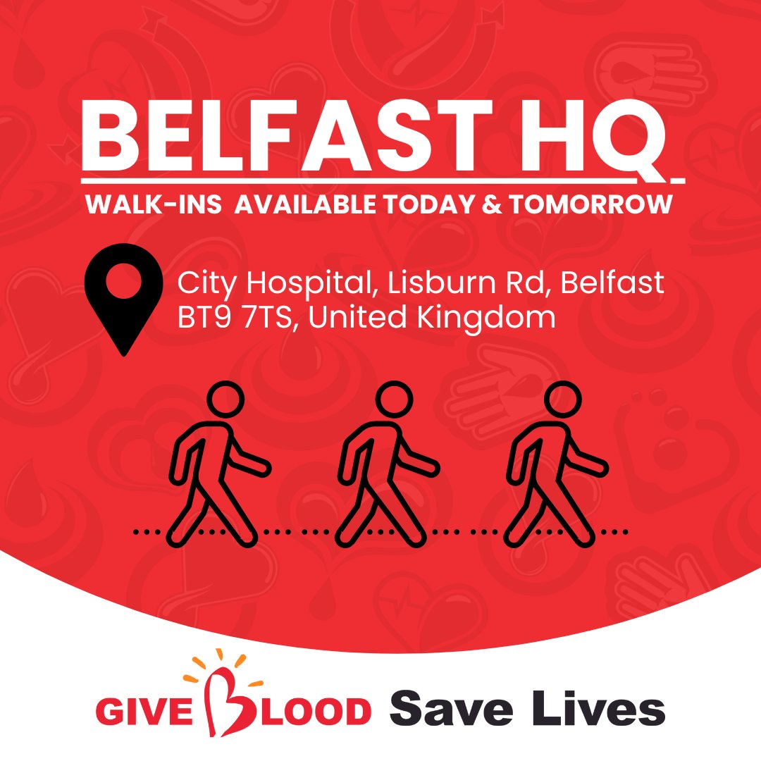 GiveBloodNI's tweet photo. Walk-ins available in #Belfast today &amp; tomorrow. No appointment necessary &amp; free Parking Available. 👍

📍 Belfast HQ – City Hospital Complex, Lisburn Rd, Belfast BT9 7TS

Please share. Give blood, save lives 🩸🦶

#GiveBlood #SaveLives #NorthernIreland #Lifesaver https://t.co/g7PLjohRfj