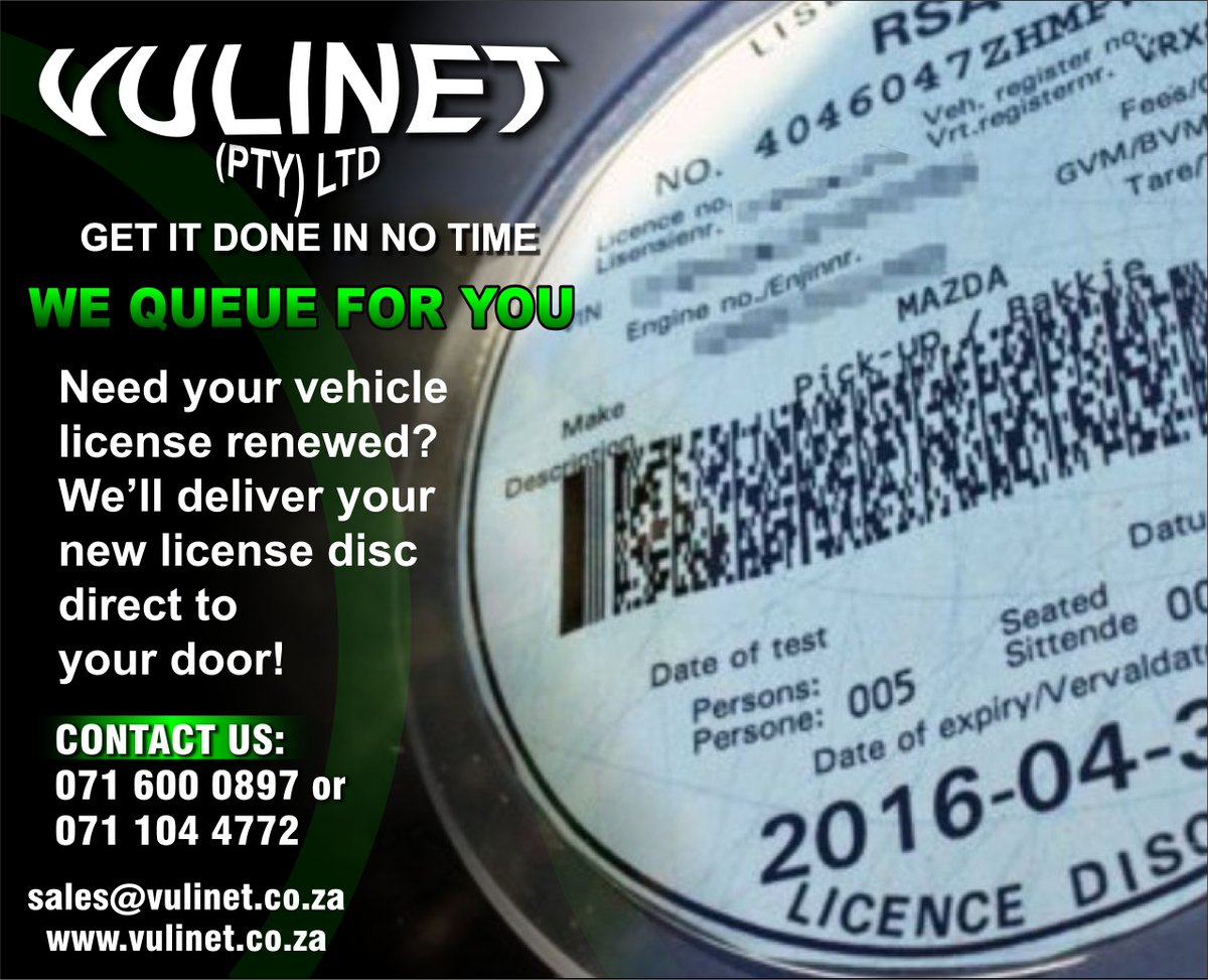 Vulinet Pty Ltd (@vulinet) on Twitter photo VULINET (Pty) Ltd- Need your #vehicle #license renewed? We'll deliver your new license #disc direct to your door!. We #queue for you!
Call NOW! 0716000897 / 0711044772 or email us on sales@vulinet.co.za
Visit our website: vulinet.co.za
#Vulinet #vulinetregistration VULINET (Pty) Ltd- Need your #vehicle #license renewed? We'll deliver your new license #disc direct to your door!. We #queue for you!
Call NOW! 0716000897 / 0711044772 or email us on sales@vulinet.co.za
Visit our website: vulinet.co.za
#Vulinet #vulinetregistration