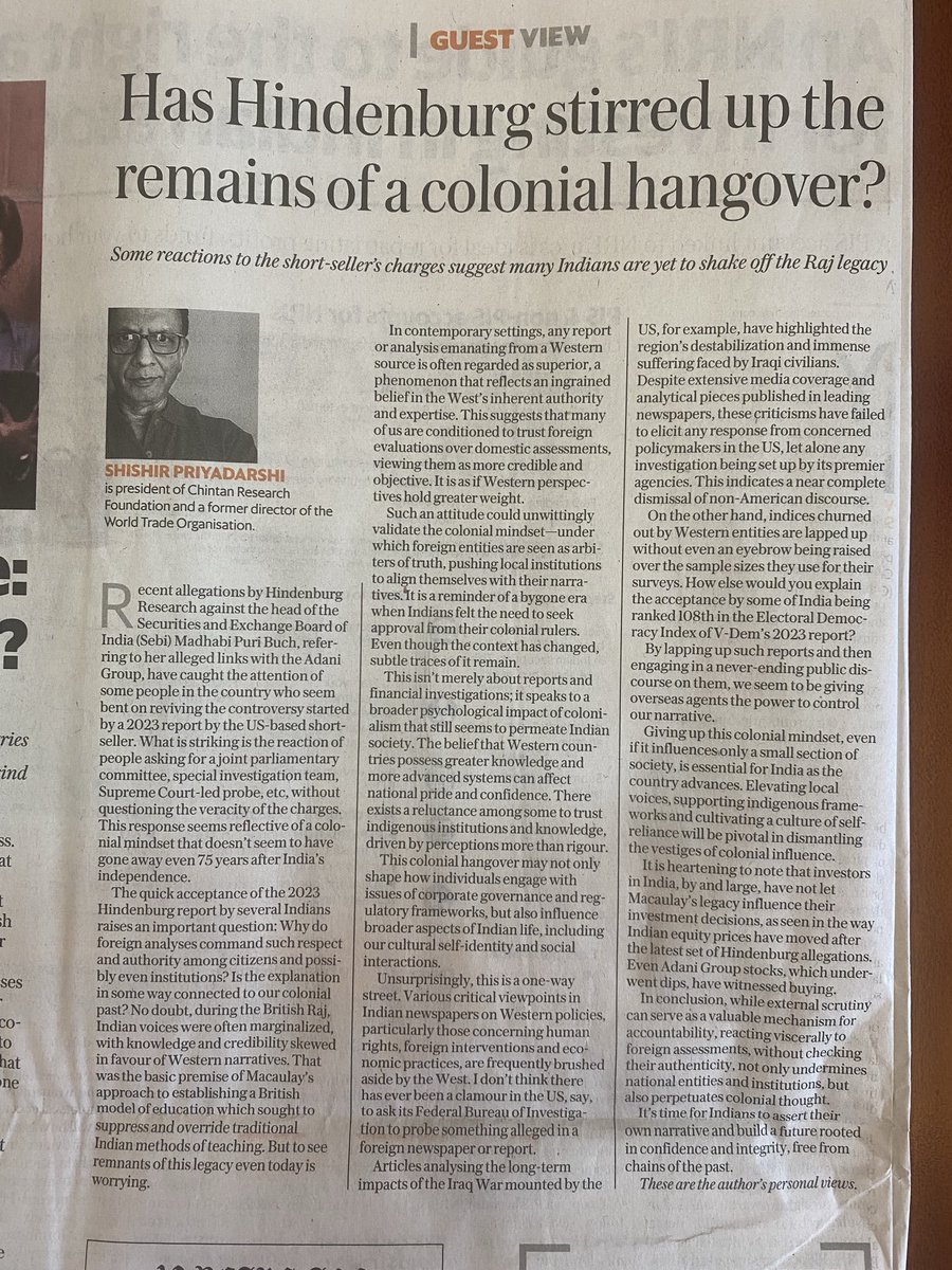 For a change, a thoughtful oped in ⁦<a href="/livemint/">Mint</a>⁩ by a former WTO director on how colonised Indian minds treat institutional reports from the West as gospel truth. Must read.