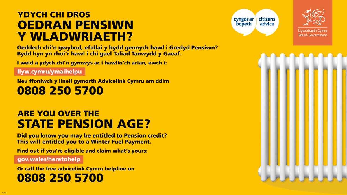 Are you over the State Pension age?
Did you know you may be entitled to Pension credit?
Find out what support is available to you:
gov.wales/here-help-cost…
Or call the free Advicelink Cymru helpline on 0808 250 5700.
#HereToHelp