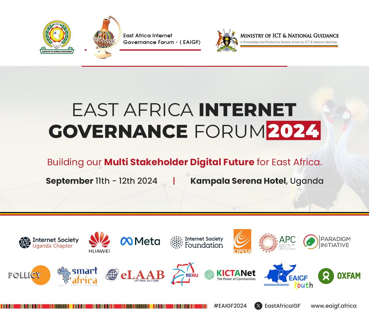 EastAfricaIGF's tweet image. Its 6 Days to the #EastAfricaIGF2024

This year&apos;s theme is: Building our multistakeholder digital future for East Africa. 

We are pleased to have @ISOCUg @Huawei @facebook @ISOC_Foundation @cipesaug @PollicyOrg @SmartAfrica @KICTANet @OxfaminUganda as part of our partners!