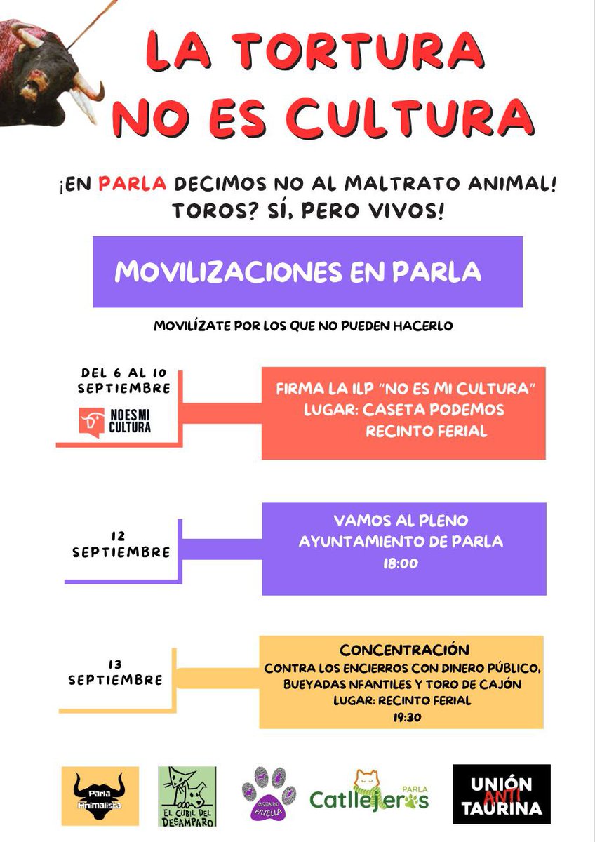 Podemos_Parla's tweet photo. ⚠️ 🐾 ¡Es hora de alzar la voz por aquellos que no pueden!

 Únete a las movilizaciones contra el maltrato animal en nuestra ciudad. 

❌Ni encierro con dinero público 
❌Ni bueyadas infantiles
❌Ni Toro De Cajón 

#ParlaNoEsTaurina https://t.co/HmfuVDl2Mx
