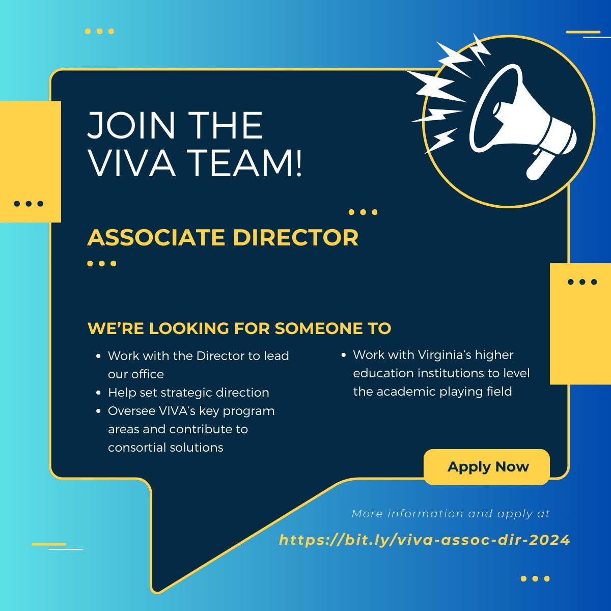 Interested in library consortia and effecting change in collections, resource sharing, scholarly communication, and more? Apply to join VIVA as our new Associate Director. Apply by September 15th at bit.ly/viva-assoc-dir…

#jobposting #libraryjobs #libraryjobsearch
