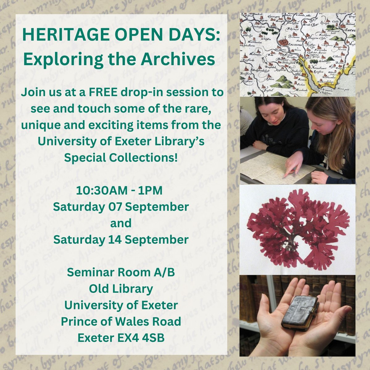 Join us on Saturday for a FREE drop-in Heritage Open Day event to explore our archives!

No need to book, just drop in any time between 10:30am and 1pm! We look forward to seeing you.

Find out more ➡️heritageopendays.org.uk/submission-eve…

#Exeter #HeritageOpenDay #HeritageWeek2024 #Archives