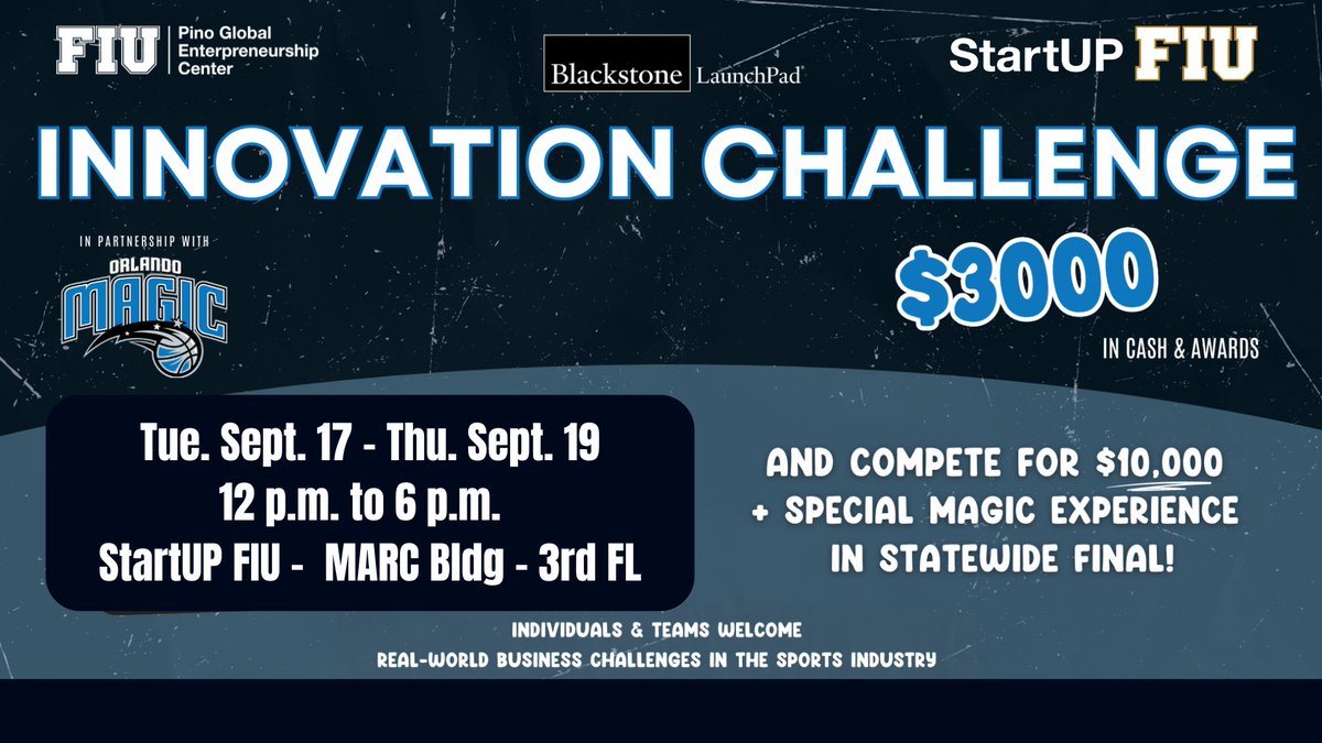 🚀Take your #startup idea to the next level by joining the <a href="/BXLaunchPad/">Blackstone LaunchPad</a> <a href="/OrlandoMagic/">Orlando Magic</a> Innovation Sprint Competition. 

✨ Register:  ow.ly/btT450T59Rs✨

Showcase your #innovations🚀 connect w/ #industry leaders 🤝&amp; compete for an amazing prize. 💰 @Startupfiu @PinoFIU