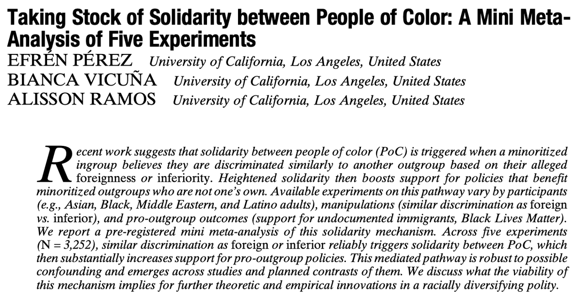 American Political Science Review (@apsrjournal) on Twitter photo From our new issue: "Taking Stock of Solidarity between People of Color: A Mini Meta-Analysis of Five Experiments" by Efrén Pérez (<a href="/EfrenPoliPsy/">Efrén Pérez</a>), Bianca Vicuña, and Alisson Ramos. #ASPRNewIssue
cambridge.org/core/journals/… From our new issue: "Taking Stock of Solidarity between People of Color: A Mini Meta-Analysis of Five Experiments" by Efrén Pérez (<a href="/EfrenPoliPsy/">Efrén Pérez</a>), Bianca Vicuña, and Alisson Ramos. #ASPRNewIssue
cambridge.org/core/journals/…