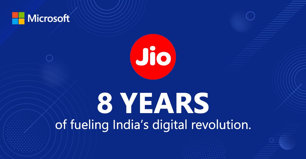 MicrosoftIndia's tweet photo. Cheers to @reliancejio for completing 8 groundbreaking years of impacting millions through the power of technology. We’re proud to partner with them to bring cutting-edge cloud, AI, and connectivity solutions to fuel the future of India’s digital economy. #JioAzure #8YearsofJio https://t.co/7C36xMfYEb