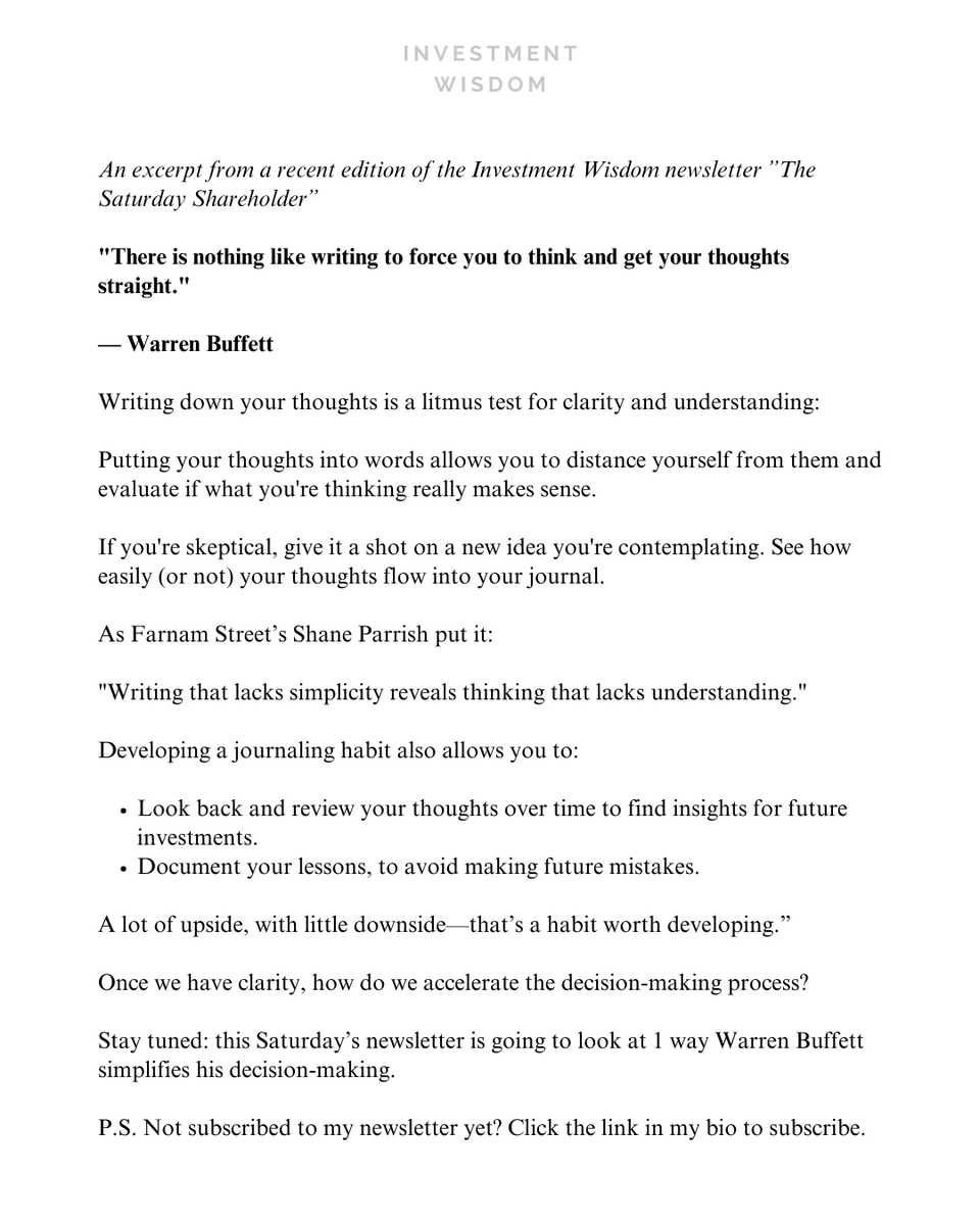 InvestingCanons's tweet photo. Warren Buffett: Do this to clarify your thinking (&amp; avoid investing mistakes) https://t.co/b58q137Nfq