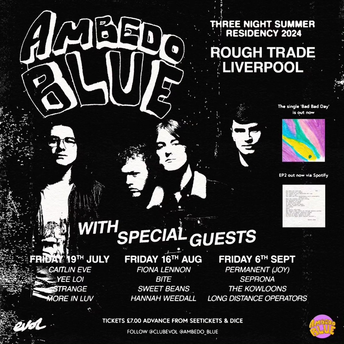 EVOL (@clubevol) on Twitter photo ππππππππ πππππ
New Brighton avant-garde escapists <a href="/Ambedo_Blue/">Ambedo Blue</a> play the final night of their <a href="/RoughTrade/">Rough Trade</a> Lpool residency joined by <a href="/permanentjoyuk/">Permanent (Joy)</a> <a href="/SepronaMusic/">πππππππΌ</a> <a href="/thekowloons/">The Kowloons</a> & Long Distance Operators. Tickets via <a href="/seetickets/">See Tickets</a>.
Here we take you through the line-up... ππππππππ πππππ
New Brighton avant-garde escapists <a href="/Ambedo_Blue/">Ambedo Blue</a> play the final night of their <a href="/RoughTrade/">Rough Trade</a> Lpool residency joined by <a href="/permanentjoyuk/">Permanent (Joy)</a> <a href="/SepronaMusic/">πππππππΌ</a> <a href="/thekowloons/">The Kowloons</a> & Long Distance Operators. Tickets via <a href="/seetickets/">See Tickets</a>.
Here we take you through the line-up...