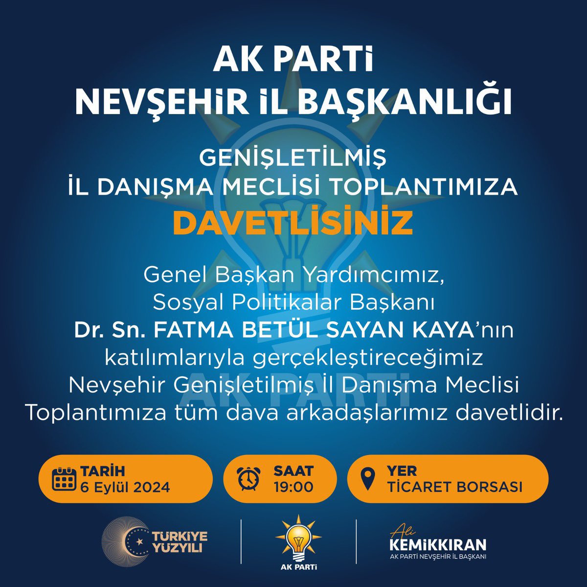 Genel Başkan Yardımcımız, Sosyal Politikalar Başkanımız Sn. Fatma Betül Sayan Kaya’nın <a href="/drbetulsayan/">Dr.Betül Sayan Kaya 🇹🇷</a> katılımları ile gerçekleştireceğimiz Nevşehir Genişletilmiş İl Danışma Meclisi toplantımıza tüm dava arkadaşlarımız davetlidir. 

🗓️ : 6 Eylül 2024 Cuma  

📍: Nevşehir Ticaret