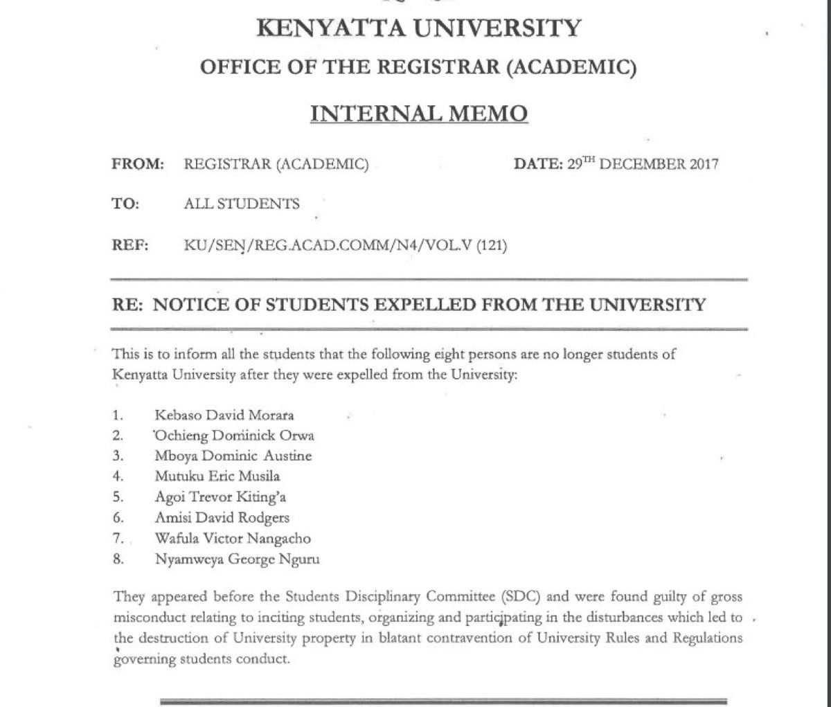 MigunaMiguna's tweet photo. Whereas the Kenyan cartels and their cowardly surrogates are circulating this pathetic memo as an attack on comrade @morarakebaso, for me who had received a similar letter in 1987, which was word-for-word the one Morara received, and his expulsion (like ours in 1987) from Kenyatta University for fighting for the general good of his colleagues in particular and Kenyans in general, QUALIFIES him more than the fake certificates and degrees CHARLATANS, LOOTERS and MURDERERS like @WilliamsRuto, @RailaOdinga, Sakaja et al have. 

I strongly urge Morara to continue with his wonderful work and exposes of Ruto’s criminal activities in Kenya. 

#RutoNaRailaMustGo