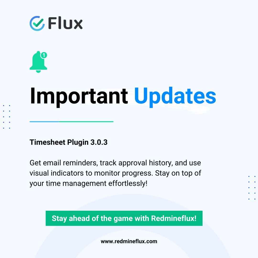Redmine_flux's tweet image. Timesheet Plugin 3.0.3 is here! ⏱️ Enjoy email reminders, track approval history, and use visual indicators for progress. Stay on top of time management effortlessly! Learn more: redmineflux.com/product/redmin… #Redmineflux #ProjectManagement #RedminePlugin