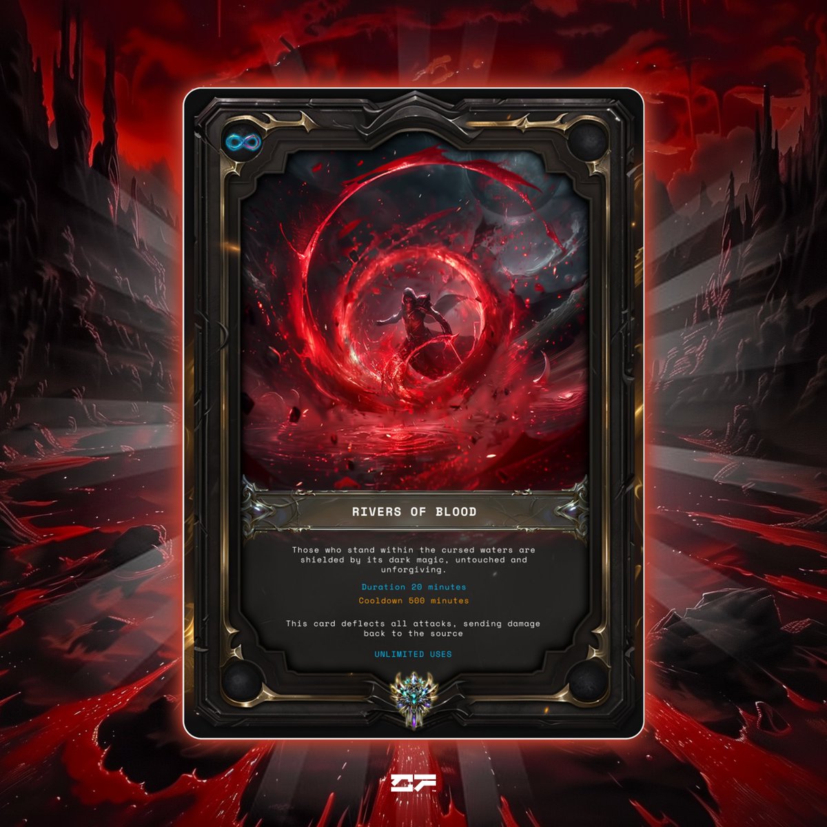 To those who dare stand in the blood-soaked waters, a dark reward awaits, as the blood itself bends to their will, shielding them from harm.

RIVERS OF BLOOD 🩸
MYTHIC INFINITY CARD

Repost, tag 2 friends, and drop your wallet address to receive this card on game launch.