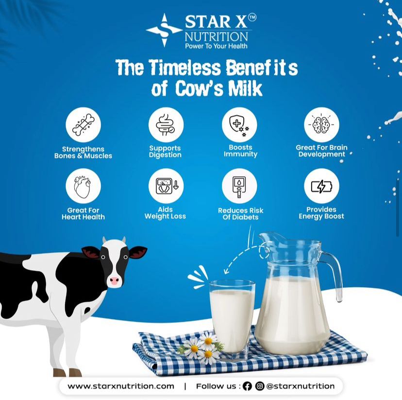 starxnutrition's tweet image. Experience the timeless benefits of cow's milk! ! It supports strong bones, aids digestion, boosts immunity, and much more. Add this nutrient-rich drink to your daily routine for a healthier you! 🐄💪
#CowsMilk #HealthyLiving #StarXNutrition