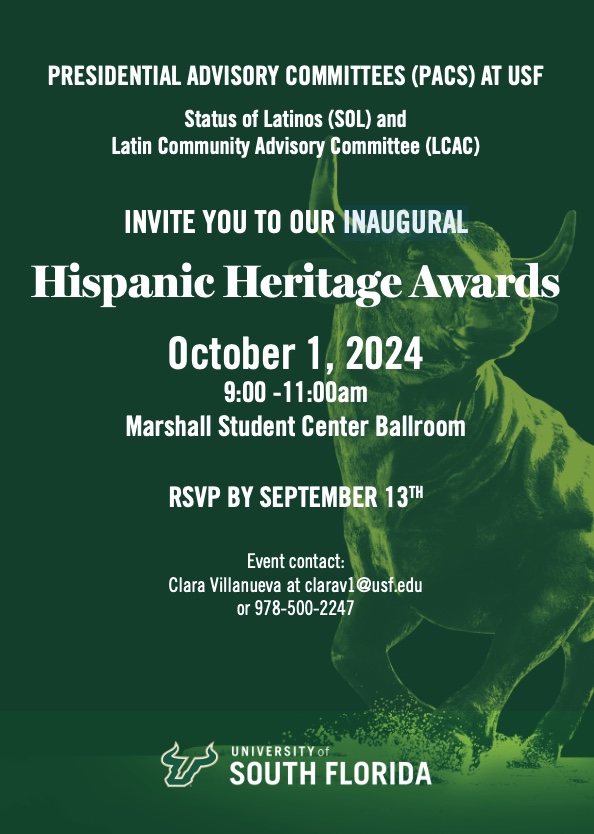 Rafael Gonzalez, Esq. (@gonzalezrafael) on Twitter photo Join us at the inaugural <a href="/USouthFlorida/">University of South Florida</a> #StatusofLatinos and #LatinCommunityAdvisoryCouncil #HISPANICHERITAGEAWARDS on Oct 1st, from 9-11 am at the Marshall Student Center.
eventful.usf.edu/rsvp/hispanic-…
#HispanicHeritageMonth #HispanicHeritageAwards #USF #GoBulls #VamosToros 🎉💚🤘 Join us at the inaugural <a href="/USouthFlorida/">University of South Florida</a> #StatusofLatinos and #LatinCommunityAdvisoryCouncil #HISPANICHERITAGEAWARDS on Oct 1st, from 9-11 am at the Marshall Student Center.
eventful.usf.edu/rsvp/hispanic-…
#HispanicHeritageMonth #HispanicHeritageAwards #USF #GoBulls #VamosToros 🎉💚🤘