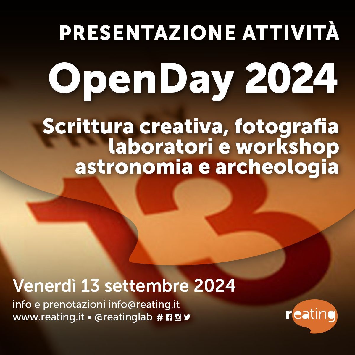 reatinglab's tweet image. Venerdì 13 settembre partecipa all’Open Day di Reating, un’occasione per presentare tutte le iniziative e i laboratori dell’associazione.

Venerdì 13 settembre 2024 ore 17:00-21:00

Info e prenotazioni reating.it/evento/openday…