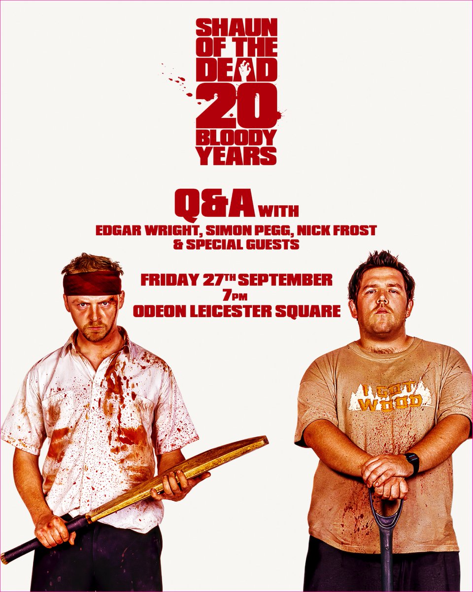 How's this for a slice of fried gold? Tickets go on sale TODAY at 4 pm BST for a bloody great Q&amp;A with me, Simon Pegg, Nick Frost and special guests at London's Odeon Leicester Square on September 27th at 7 pm.  See you there! #ShaunoftheDead 

odeon.co.uk/films/shaun-of…