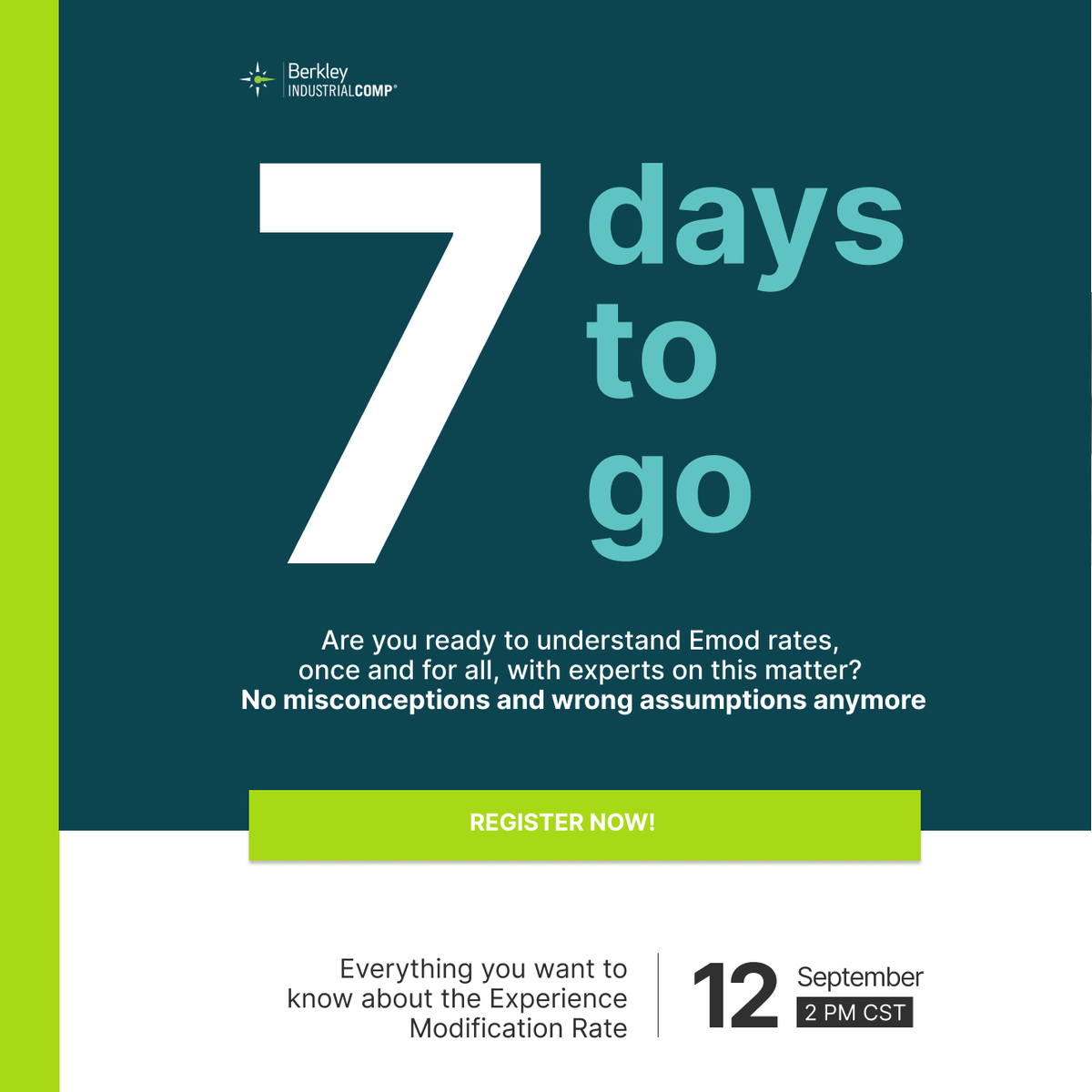 BerkIndComp's tweet image. Let the countdown begin!  It is only seven days until #BerkindComp hosts a webinar on the Impact of EMOD.  It is not too late to register. Reserve your spot today at ow.ly/ml8x50T9153.

#WorkComp #EMOD #Insurance