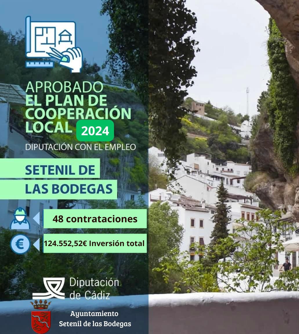 PLAN DE COOPERACIÓN LOCAL 2024.- 

- 1 Técnico de gestión (2 meses)
- 7 oficiales de Primera (1 mes)
- 7 albañiles (1 mes) 
- 12 peones ( 1 mes) 
- 12 jardineros (1 mes)
-9 pintores (1 mes)

Mediante oferta que será emitida por este Ayuntamiento al Servicio Andaluz de Empleo.