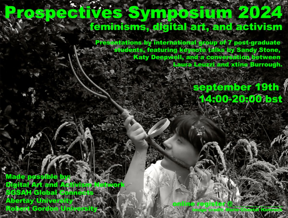 📢 Get ready for Prospectives Symposium 2024 - a postgraduate online conference to discuss feminisms, digital art and activism!

🗓️ Sep 19, 2-8pm BST, ONLINE

Reserve a spot for Free here👇 

🔗 eventbrite.com/e/prospectives…

<a href="/LauraLeuzzi/">Laura Leuzzi</a> <a href="/UT_Dallas/">UT Dallas</a> <a href="/AbertayUni/">Abertay University</a> <a href="/RobertGordonUni/">Robert Gordon University (RGU)</a>