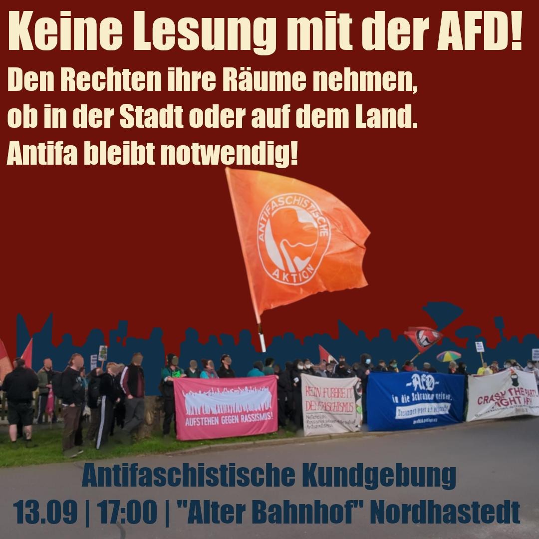 tkkgklima's tweet photo. 1/2
Wieder nutzt die #AfD den Alten Bahnhof in #Nordhastedt für ihre rechte Propaganda. Kommt am 13.9. mit, den Nazis ihre Lesung zu vermiesen!
Kundgebung ab 17 Uhr vor dem Alten Bahnhof!
Gemeinsame Anreise ab #Kiel Hbf, Treffen 14:45 Uhr bei den Rolltreppen
#noAfD #NoAfDSh https://t.co/SyYiCt3CbX
