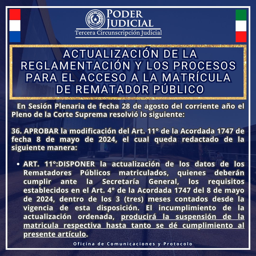📌𝑨𝑪𝑻𝑼𝑨𝑳𝑰𝒁𝑨𝑪𝑰𝑶𝑵 𝑫𝑬 𝑳𝑨 𝑹𝑬𝑮𝑳𝑨𝑴𝑬𝑵𝑻𝑨𝑪𝑰𝑶𝑵 𝒀 𝑳𝑶𝑺 𝑷𝑹𝑶𝑪𝑬𝑺𝑶𝑺 𝑷𝑨𝑹𝑨 𝑬𝑳 𝑨𝑪𝑪𝑬𝑺𝑶 𝑨 𝑳𝑨 𝑴𝑨𝑻𝑹𝑰𝑪𝑼𝑳𝑨 𝑫𝑬 𝑹𝑬𝑴𝑨𝑻𝑨𝑫𝑶𝑹 𝑷𝑼𝑩𝑳𝑰𝑪𝑶

Para más información, contactar con la Secretaría Gral. de la CSJ al (021)481403.-

🟩⬜️🟥