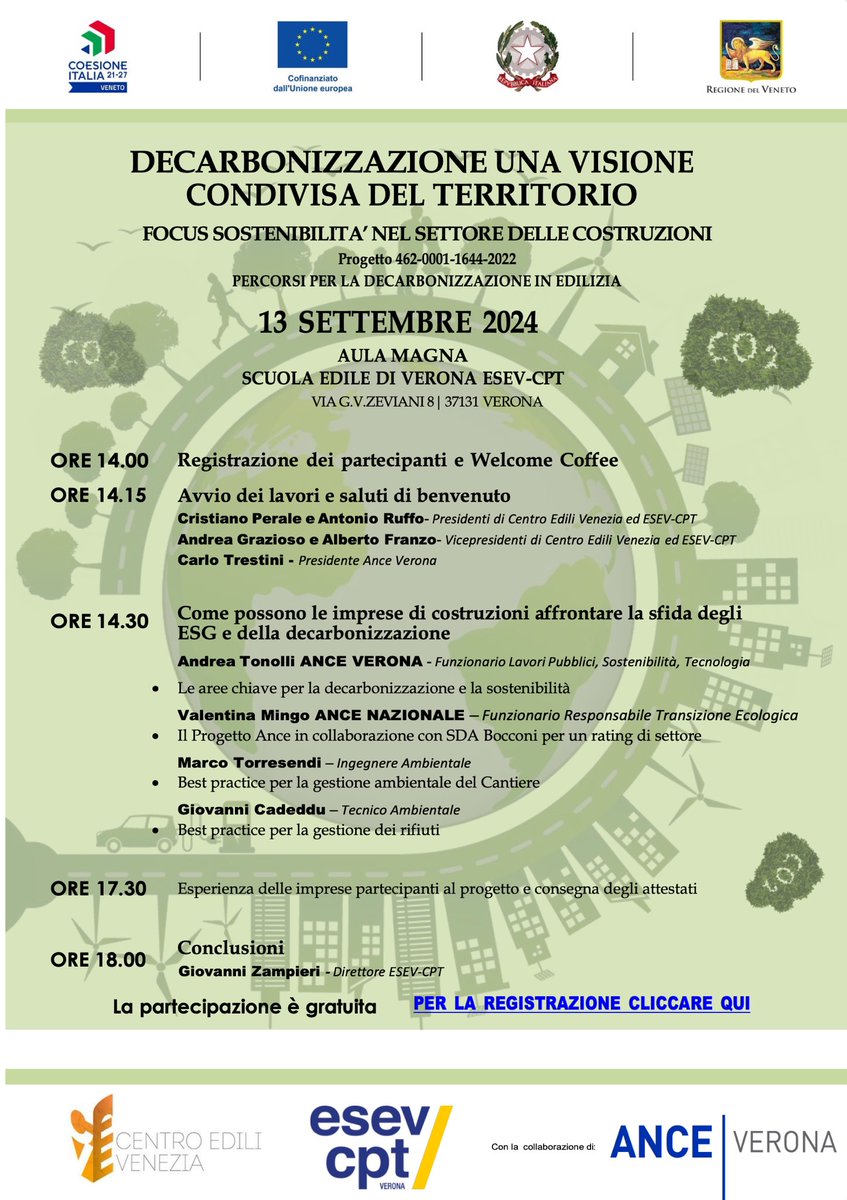 Seminario “Decarbonizzazione una visione condivisa del territorio focus sostenibilità nel settore delle costruzioni” 13 settembre ore 14.00

Per informazioni e per partecipare: anceverona.it/eventi/seminar…