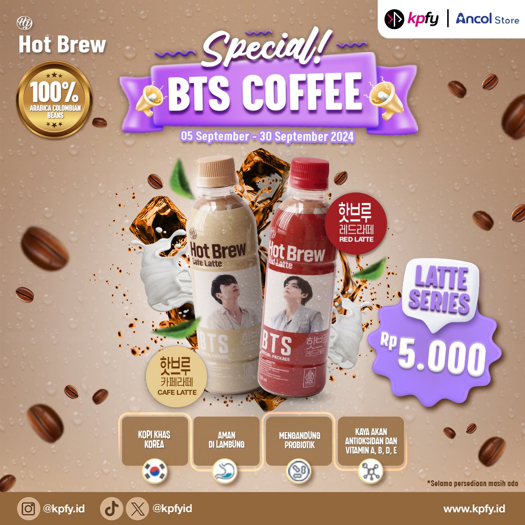 kpfyid's tweet photo. BTS COFFEE MASIH ADA DI ANCOL?! 👀

Yes, benar banget! KPFYriends bisa dapetin BTS Coffee Latte Series di Ancol Store cuma Rp5000 aja loh!

Buruan dapetin member favorit kalian sekarang!💜

#TemukanInspirasimudiSetiapTegukan #KPFY #BTSCoffee #ARMY #BTS #KPFYriends #KoreanCoffee https://t.co/EoJ6WLdRZu