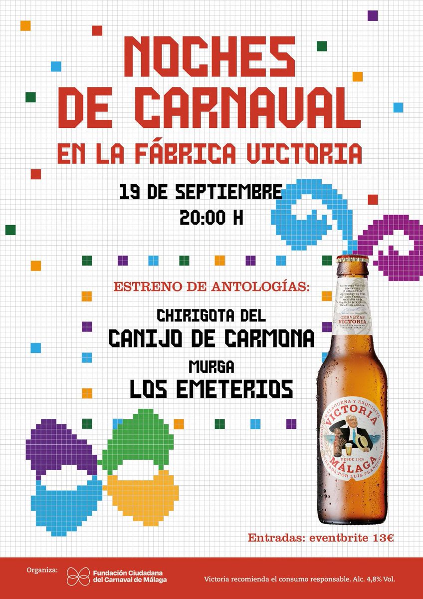 🎭😍¡Familia espero que apuntéis en agenda este pedazo de plan! ¡Vuelven las noches de #CarnavalMLG en la Fábrica de <a href="/CervezaVictoria/">Cervezas Victoria</a> 

➡️Presentación oficial de la antología de
La <a href="/murgaEmeterios/">Murga Los Emeterios</a> y la Chirigota de Canijo de Carmona <a href="/ChirigotaCanijo/">Chirigota del Canijo</a> 

📅19 de septiembre
🕰 20:00H