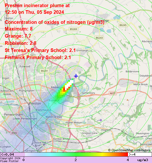 plumeplotter's tweet photo. Latest Preston incinerator plume plot, 12:50 05/09/24 #Grange #Ribbleton #Fishwick https://t.co/vYUTMnLQDm https://t.co/j4siRdH8Sh