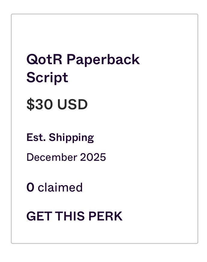 For the final week of our fundraiser, we decided to drop a new perk! Get a limited edition, signed paperback copy of the Queen of the Rats script! 

Donate at indiegogo.com/projects/queen…
