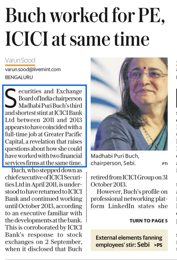 INCKerala's tweet photo. While working at ICICI securities from 2011 to 2013 Ms. Madhabi Buch was working full time at Greater Pacific Capital, a private equity fund run by Shaurya Doval, who also happens to be the son of our NSA Mr. Ajit Doval.

If Modi sacks her, she will spill more beans which will be detrimental for his coalition Govt. So nothing will be investigated and therefore everything will be made look clean.
