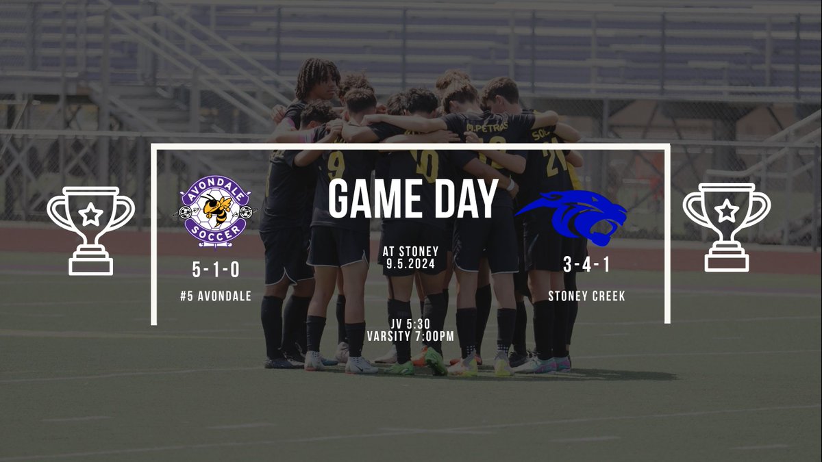 Avondale HS Soccer (@avondalesoccer) on Twitter photo ๐จ Itโs GAME DAY๐จ
Your #5 Jackets head to Stoney Creek for a OAA White league clash!
๐ Stoney Creek
โฝ๏ธ5:30 JV / 7pm Varsity
๐ Stoney Creek HS
๐บ NFHS
<a href="/CoachO88/">Coach O</a> <a href="/CoachNickStav/">Nick Stavropoulos</a> <a href="/AvondaleSports/">Yellow Jackets</a> <a href="/MIPrepZone/">MIPrepZone</a> <a href="/misoccernetwork/">Michigan Soccer Network</a> <a href="/wearesoccer_mi/">We Are Soccer Michigan</a> <a href="/MHSAA/">MHSAA</a> <a href="/AuburnHillsMI/">City of Auburn Hills</a> ๐จ Itโs GAME DAY๐จ
Your #5 Jackets head to Stoney Creek for a OAA White league clash!
๐ Stoney Creek
โฝ๏ธ5:30 JV / 7pm Varsity
๐ Stoney Creek HS
๐บ NFHS
<a href="/CoachO88/">Coach O</a> <a href="/CoachNickStav/">Nick Stavropoulos</a> <a href="/AvondaleSports/">Yellow Jackets</a> <a href="/MIPrepZone/">MIPrepZone</a> <a href="/misoccernetwork/">Michigan Soccer Network</a> <a href="/wearesoccer_mi/">We Are Soccer Michigan</a> <a href="/MHSAA/">MHSAA</a> <a href="/AuburnHillsMI/">City of Auburn Hills</a>