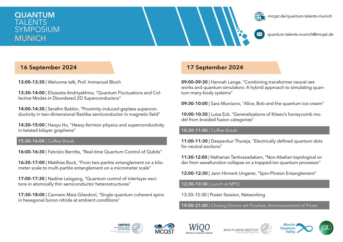 MunichQuantum's tweet photo. The schedule for the Quantum Talents Symposium, organized by @MCQST_cluster with support from MQV, is now finalized! The event will showcase  groundbreaking research from early-career scientists in QST world-wide.

Register now to attend ➡️ https://t.co/laTH9SfLfz https://t.co/6gOzgJFvjK