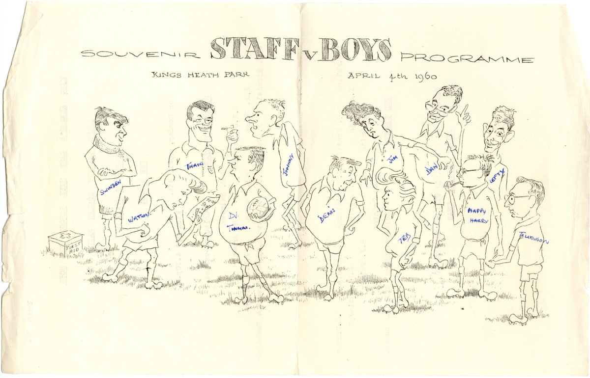 KEVIBhamArchive's tweet photo. Programme for @KEVICHB staff vs students charity football match with caricatures of the staff. Proceeds went to the World Refugee Year initiative, June 1959-June 1960, set up by the UN to raise awareness of the plight of refugees around the world. #InternationalDayofCharity https://t.co/CeQjXUakrz