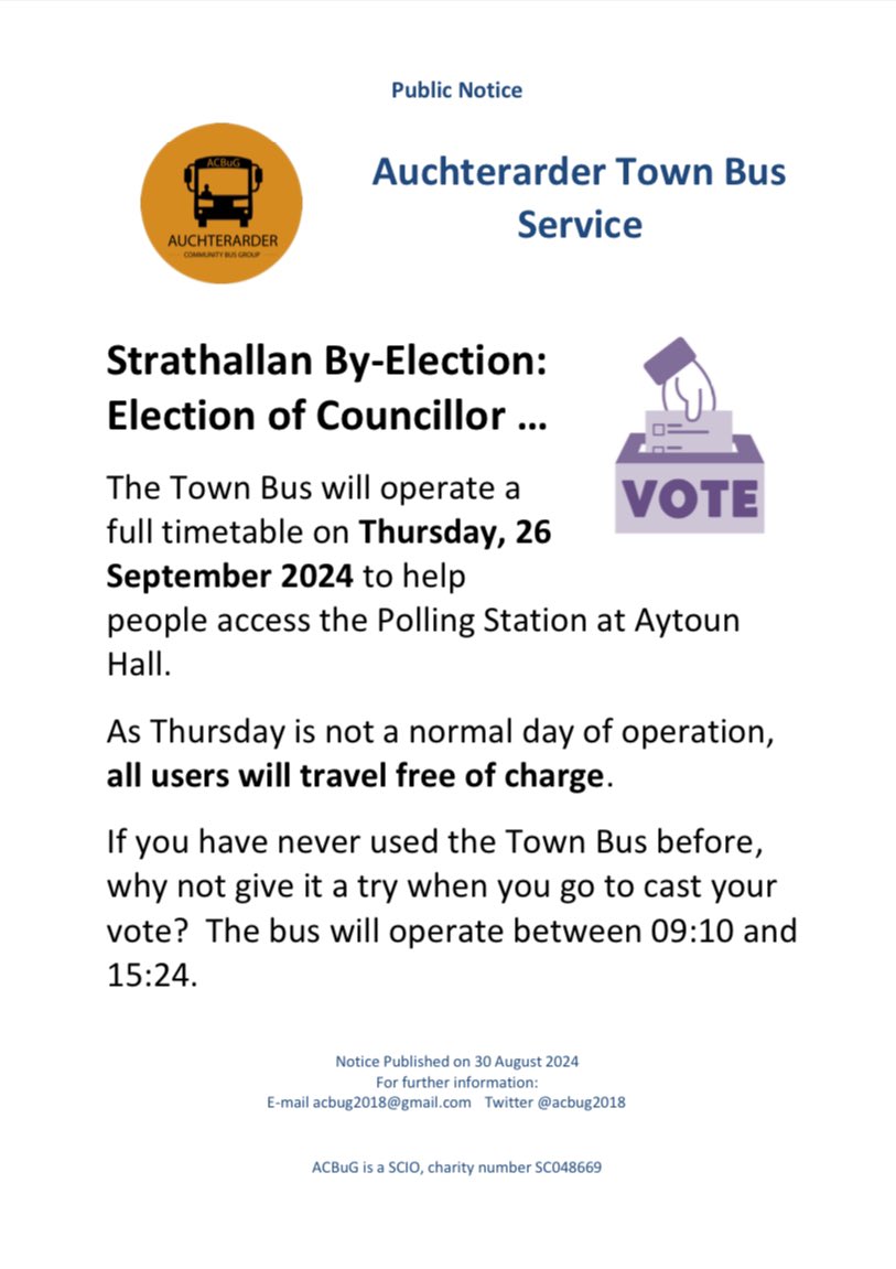 acbug2018's tweet photo. Take the bus to vote 🚌🗳️ 
With an important Council by-election later this month, the Town Bus will operate to help you access the Polling Station. https://t.co/b2PKcCxZJ8