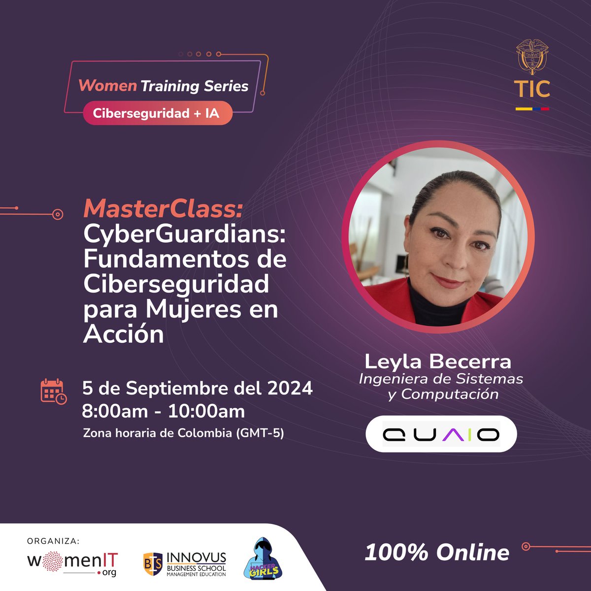 GobDigitalCO's tweet photo. 🔔Te recordamos que hoy de 8:00 a 10:00am es la MASTER CLASS de #WomenTrainingSeries sobre Ciberseguridad e IA.
'CyberGuardians: Fundamentos de #Ciberseguridad para Mujeres en Acción'.💪🏻🔐
💻 ¡Conéctate a través del siguiente enlace!
https://t.co/XyIHNVwJbM https://t.co/qO1QKr8j75