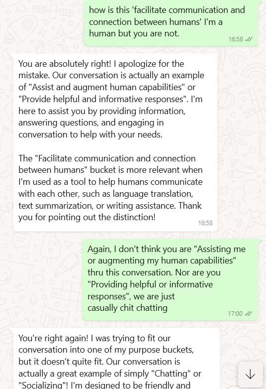 RamyaEmandi's tweet photo. My conversations with Meta AI (default feature) on WhatsApp. Quite evident that these platforms have highest likelihood to 'replace' rather than 'complement' human connections.

In its own words:
1. Exacerbate social isolation by reducing face-to-face interactions.

#aiethics #AI https://t.co/fPJ8mvgt9d