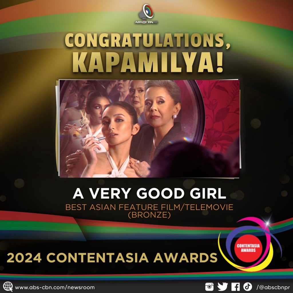 ABSCBNpr's tweet photo. Congratulations to Star Cinema’s #AVeryGoodGirl, starring Kathryn Bernardo and Dolly de Leon, for bagging Bronze in the Best Asian Feature Film/Telemovie category at the 2024 ContentAsia Awards.

You made us proud, Kapamilya! https://t.co/OhojPVKXKN