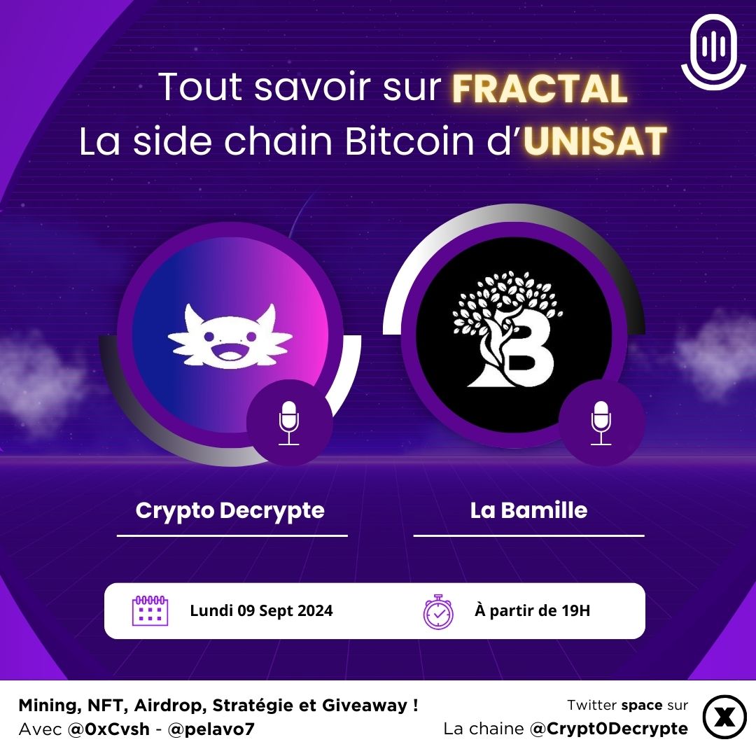 Crypto Decrypte (@crypt0decrypte) on Twitter photo Lundi à 19H, retrouvez-nous en Space pour tout savoir sur <a href="/fractal_bitcoin/">Fractal Bitcoin</a> , la side chain de Bitcoin développée par <a href="/unisat_wallet/">UniSat - wallet, explorer & extension for bitcoin.</a> ! 🚀
Avec <a href="/LaBamille/">LaBamille</a> <a href="/0xCvsh/">Cash</a> et <a href="/pelavo7/">pelavo</a>.
Qu'est-ce que Fractal ? Comment s'y exposer et pourquoi ? Un airdrop en vue ? 🎁 Et un giveaway de Lundi à 19H, retrouvez-nous en Space pour tout savoir sur <a href="/fractal_bitcoin/">Fractal Bitcoin</a> , la side chain de Bitcoin développée par <a href="/unisat_wallet/">UniSat - wallet, explorer & extension for bitcoin.</a> ! 🚀
Avec <a href="/LaBamille/">LaBamille</a> <a href="/0xCvsh/">Cash</a> et <a href="/pelavo7/">pelavo</a>.
Qu'est-ce que Fractal ? Comment s'y exposer et pourquoi ? Un airdrop en vue ? 🎁 Et un giveaway de
