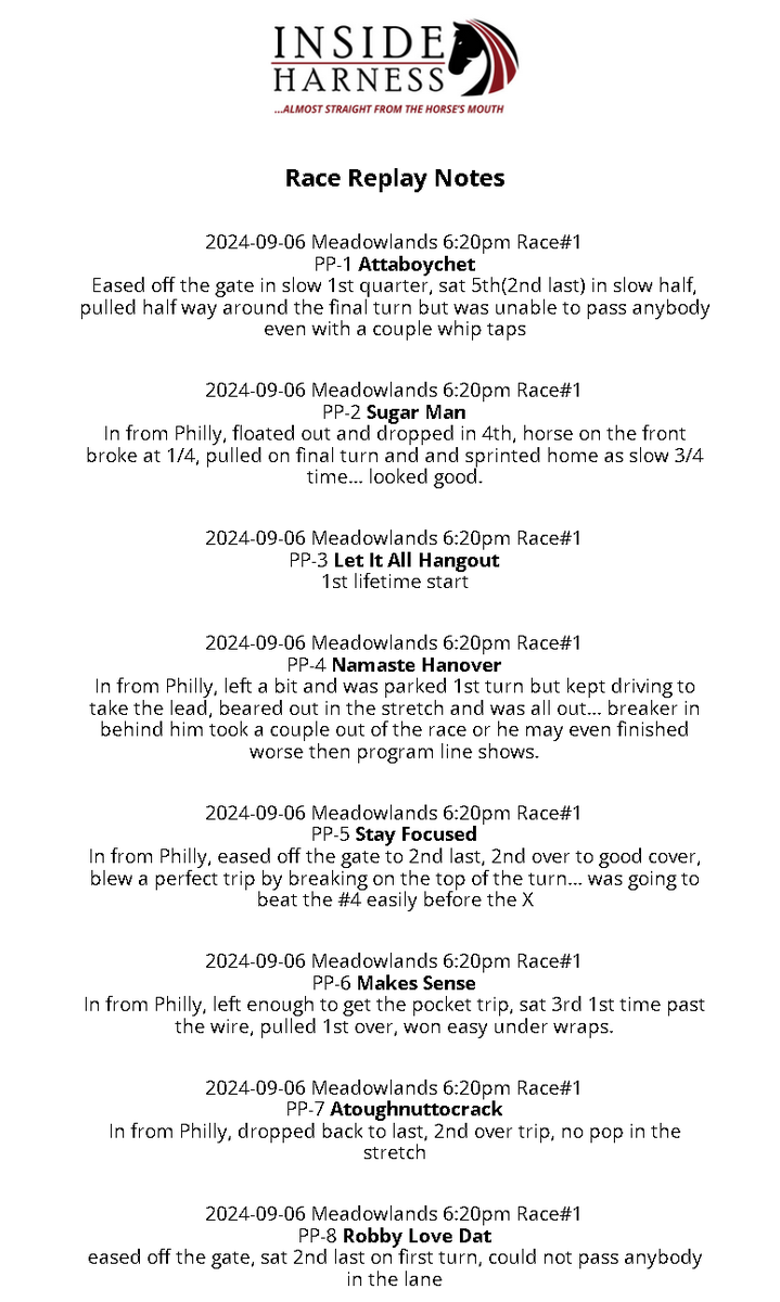 Inside Harness (@insideharness) on Twitter photo Race #1 replay notes... <a href="/TheMeadowlands/">Meadowlands Racing</a> Friday Sept 6th post time 6:20pm
#playmeadowlands Race #1 replay notes... <a href="/TheMeadowlands/">Meadowlands Racing</a> Friday Sept 6th post time 6:20pm
#playmeadowlands